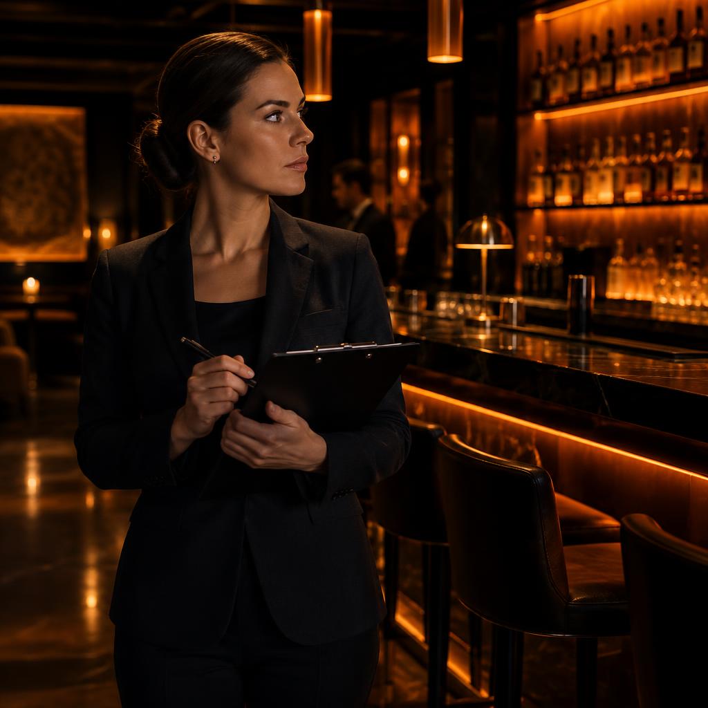 A BARMAX evaluator reviewing service standards inside a dark, amber-lit bar