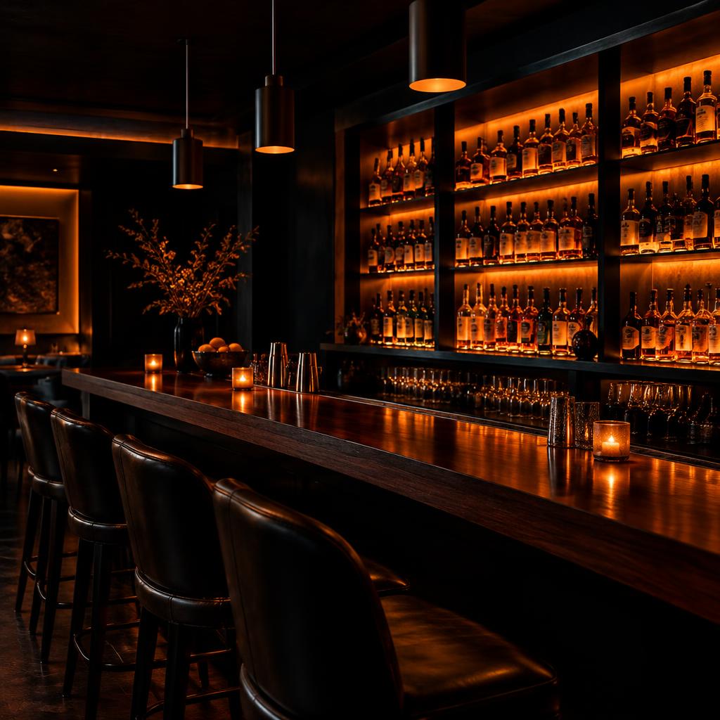 A dark, amber-lit bar back with organised bottle shelves