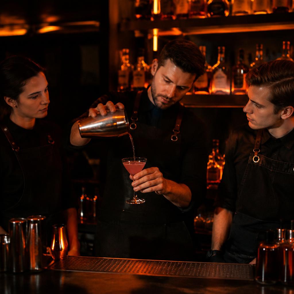 A trainer demonstrating a cocktail pour to bar staff during a training session